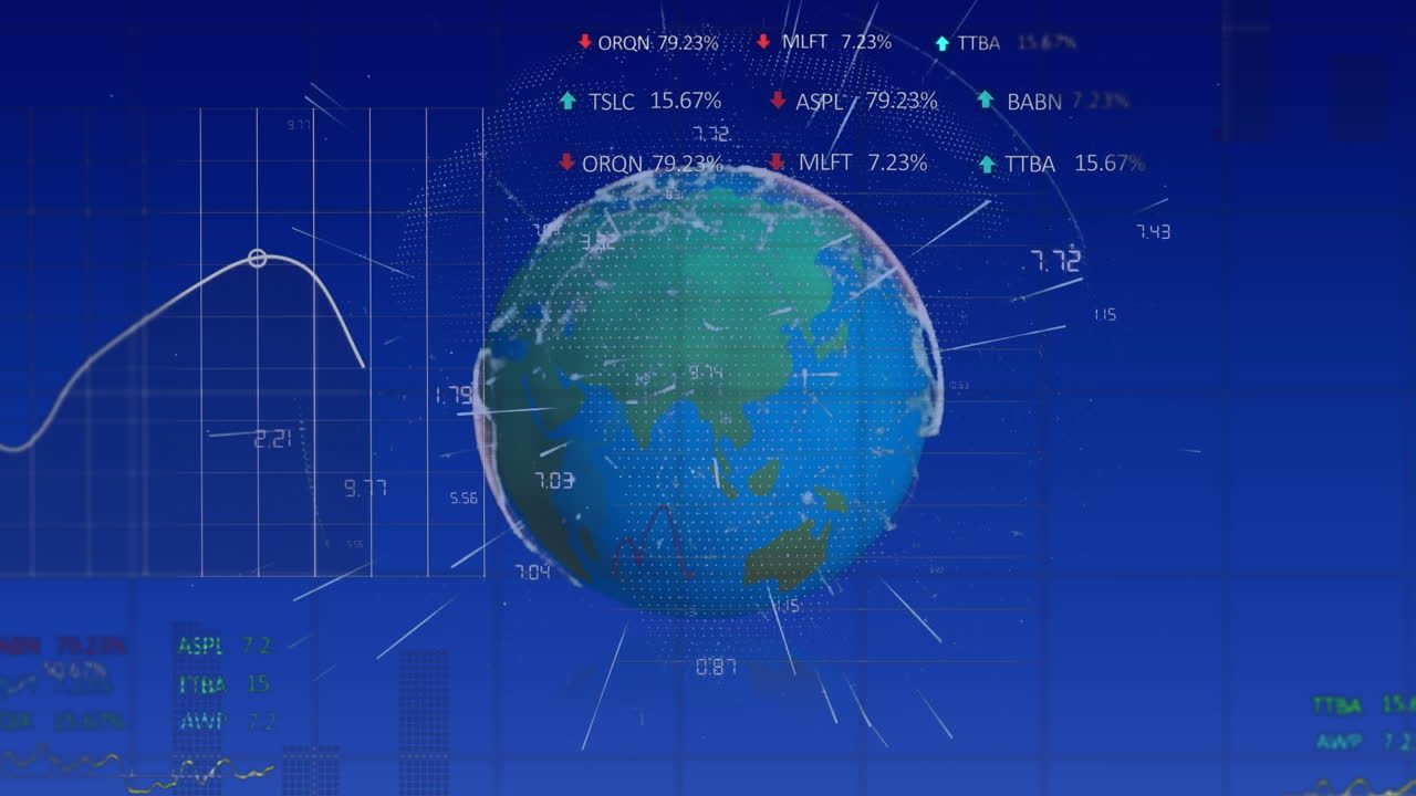 Animation of statistical and stock market data processing over spinning globe on blue background
