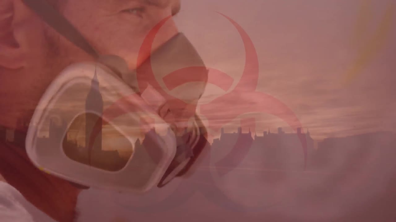 배경 에 가스 마스크 를 착용 한 사람 위 에 도시 풍경 을 가진 건강 위험 표지판