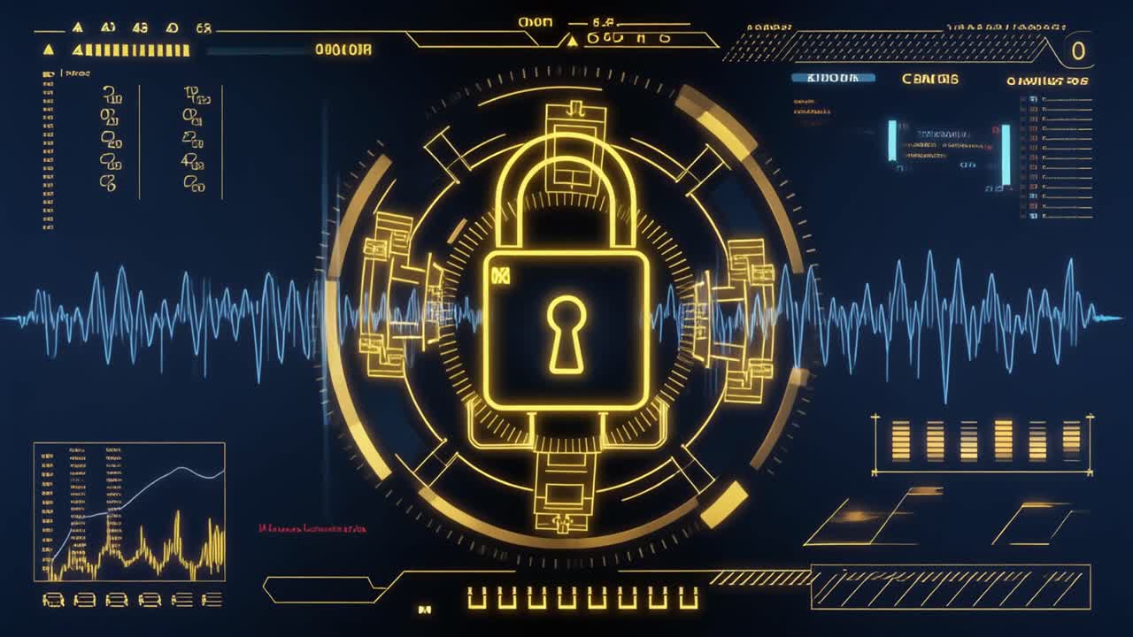 Cybersecurity Concept with Glowing Padlock and Data Display