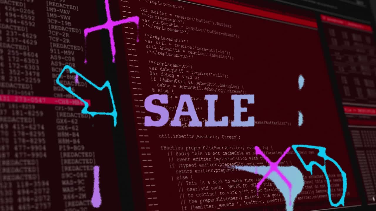 Анимация распродажи над фигурами и обработкой данных на красном фоне