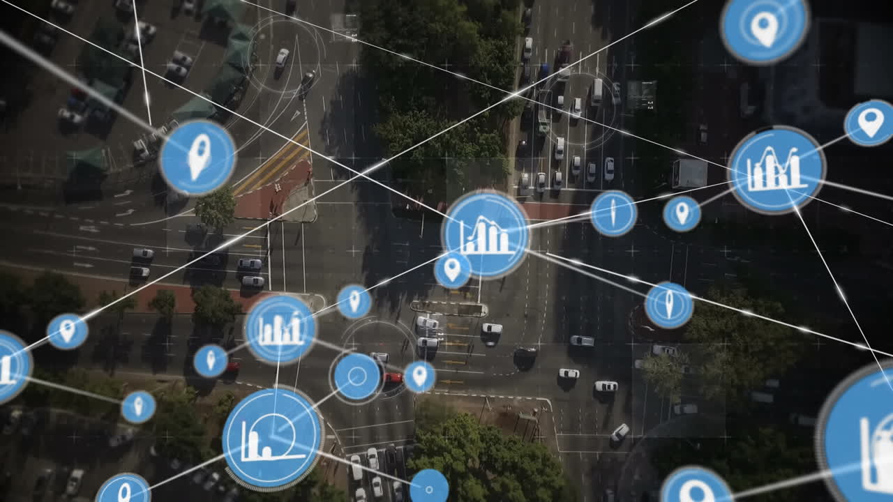 animación de la red de conexiones con iconos sobre el paisaje urbano