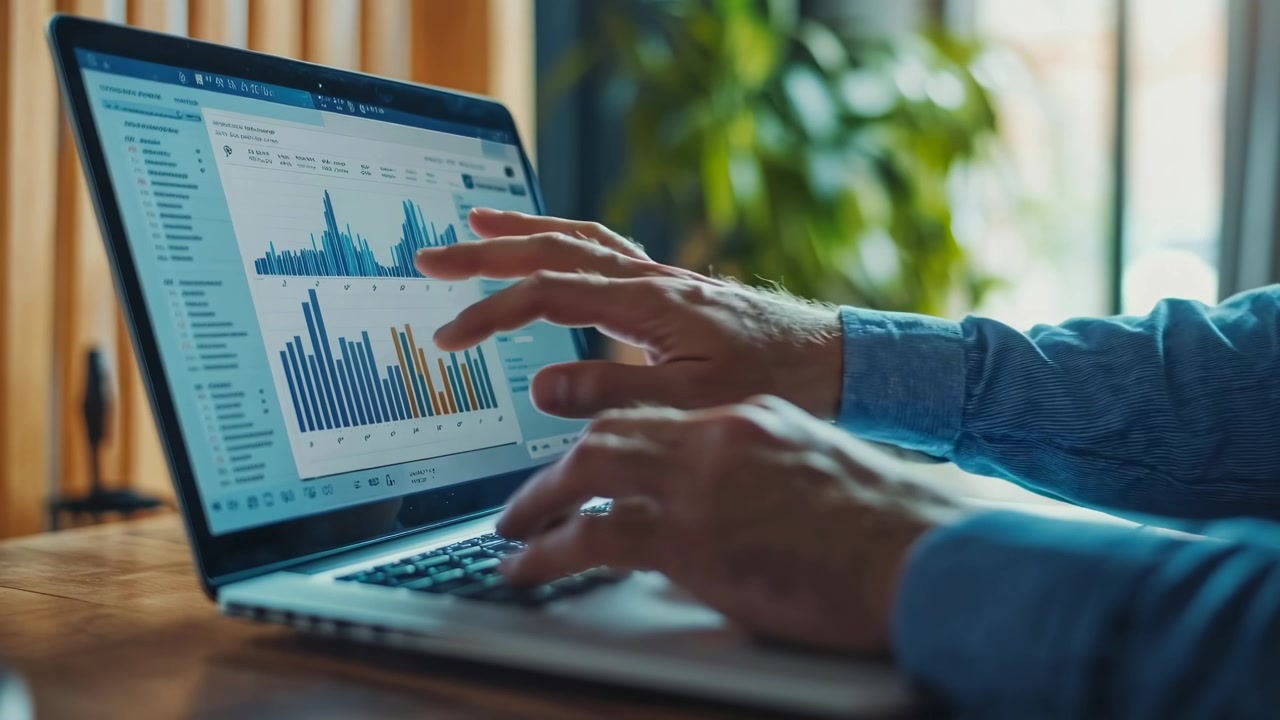 Professional Analyzing Financial Data Charts on Laptop