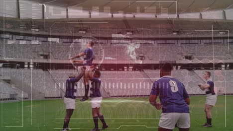 animación del procesamiento de datos durante un partido de rugby en un estadio deportivo