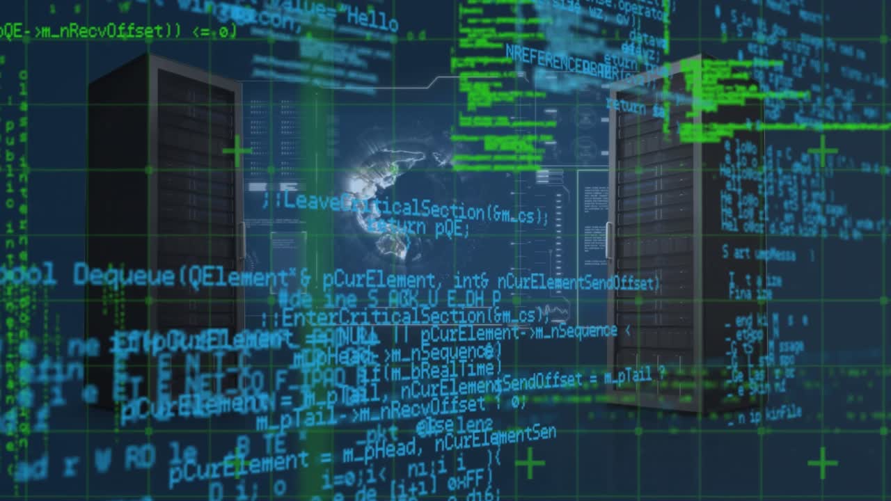 Animation of servers and globe over data processing