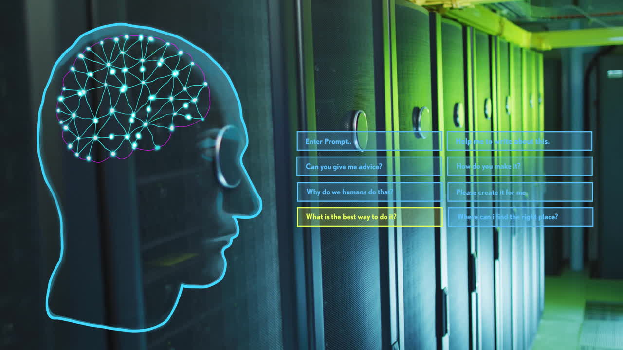Human brain network and AI prompts over server room