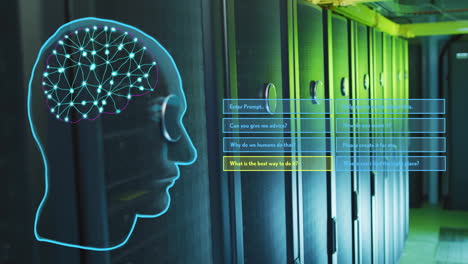 human brain network and ai prompts over server room