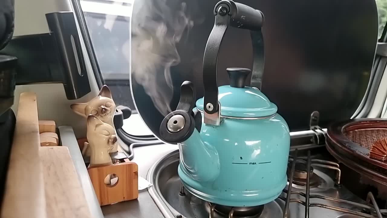 The kettle’s silver spout exhales graceful steam plume into shafts of morning light, twisting upward before dissolving. Perfect for ASMR or heritage cooking content