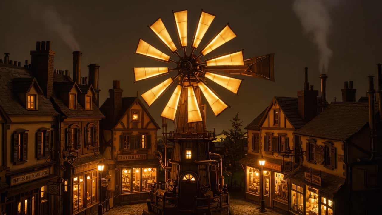 A Captivating Nighttime Scene Featuring a Majestic Windmill Illuminating a Quaint Village with Charming Shops and Cozy Atmosphere