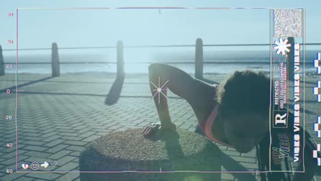 Animation-of-statistics-and-graphs-over-woman-exercising-on-promenade-by-the-sea