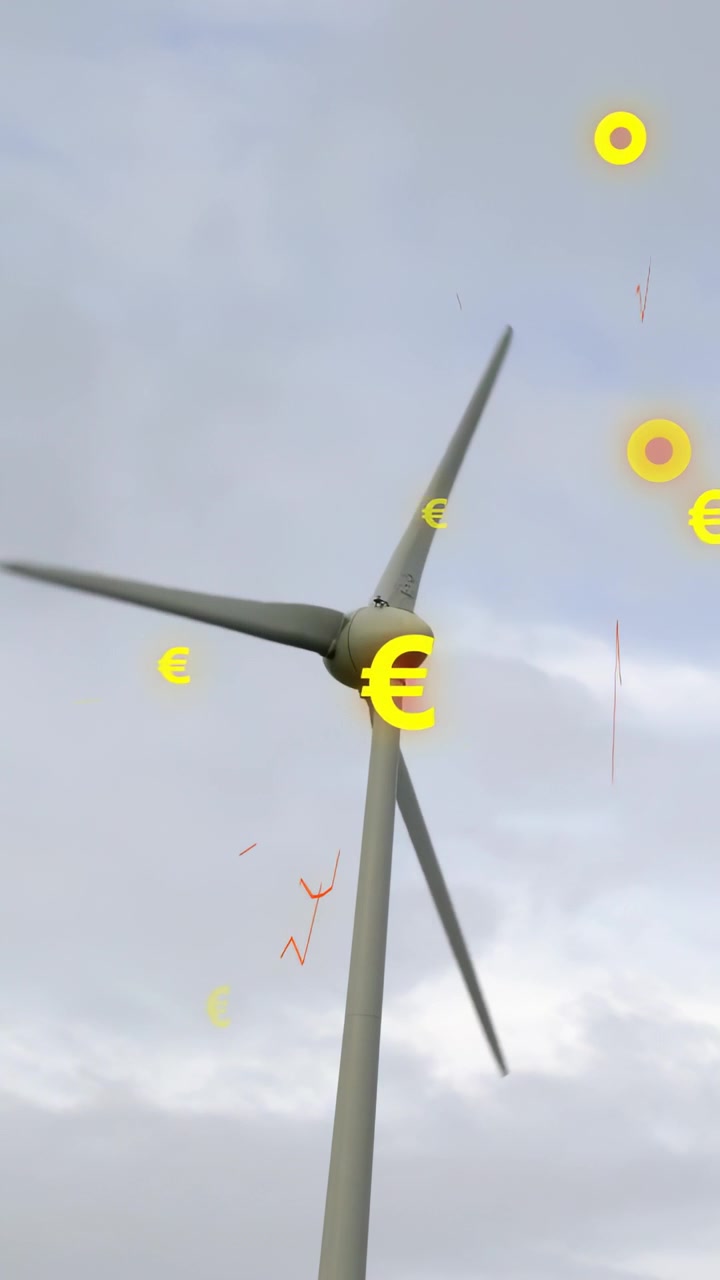 Video verticale: Turbina che ruota con raffiche di vento, simboli € che fluttuano, numeri arancioni che mostrano i ricavi.