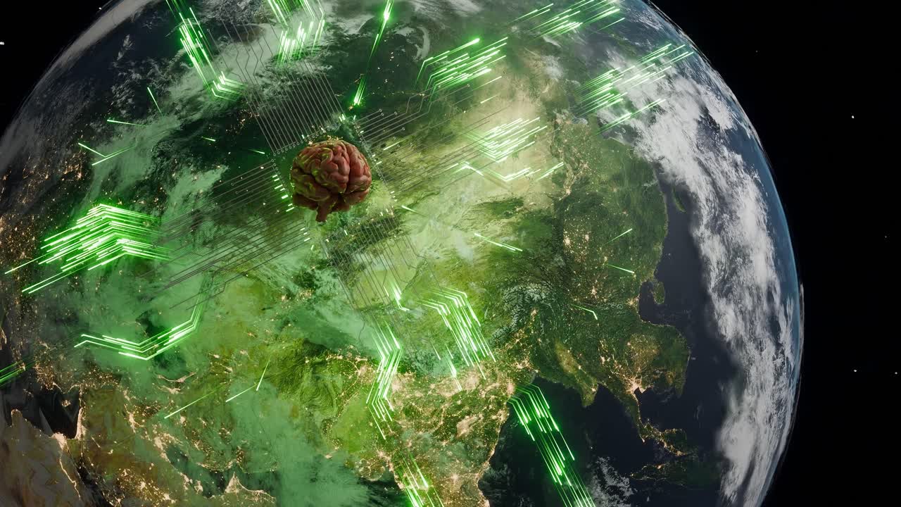 Human brain over Eurasia with green digital data lines emerging from Earth. Futuristic artificial intelligence and global neural network concept. Design for poster, wallpaper, banner, header.vertical