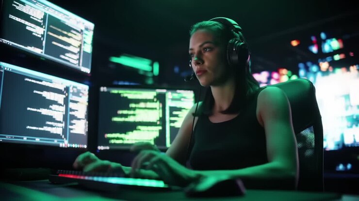 Una programmatrice concentrata intenta a programmare tra schermi dinamici e contenuti visivi colorati, che mette in evidenza l'intersezione tra tecnologia e creatività nello sviluppo moderno