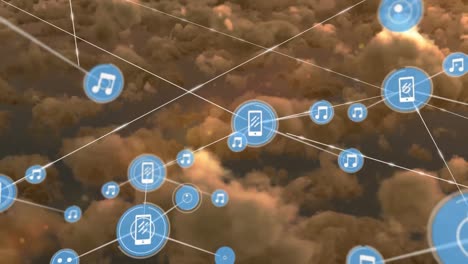 Animation-of-network-of-connections-with-icons-over-clouds