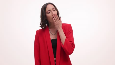 young woman in red blazer displaying various emotions and expressions