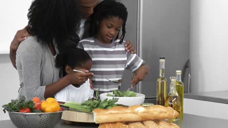 panorama of afroamerican family making a salad at home