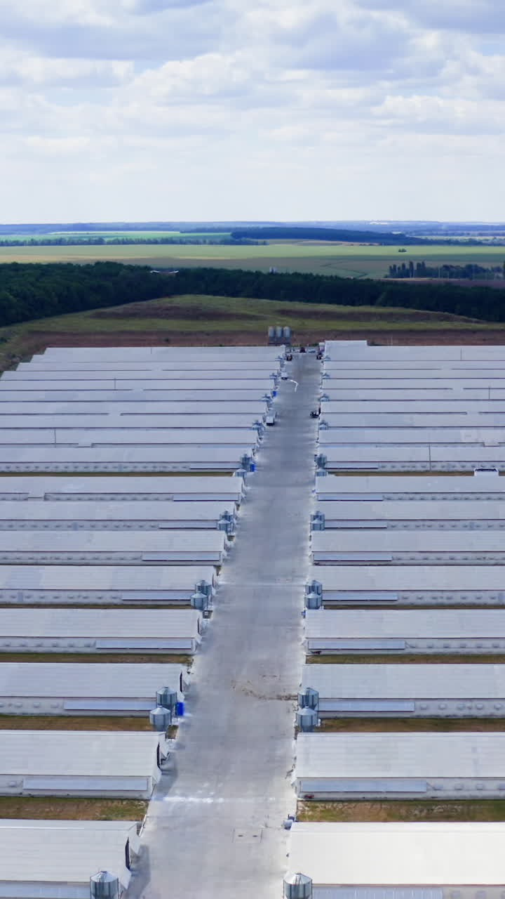 Farm buildings on nature landscape. White warehouses on green field in the countryside. Modern agriculture. Aerial view. Vertical video