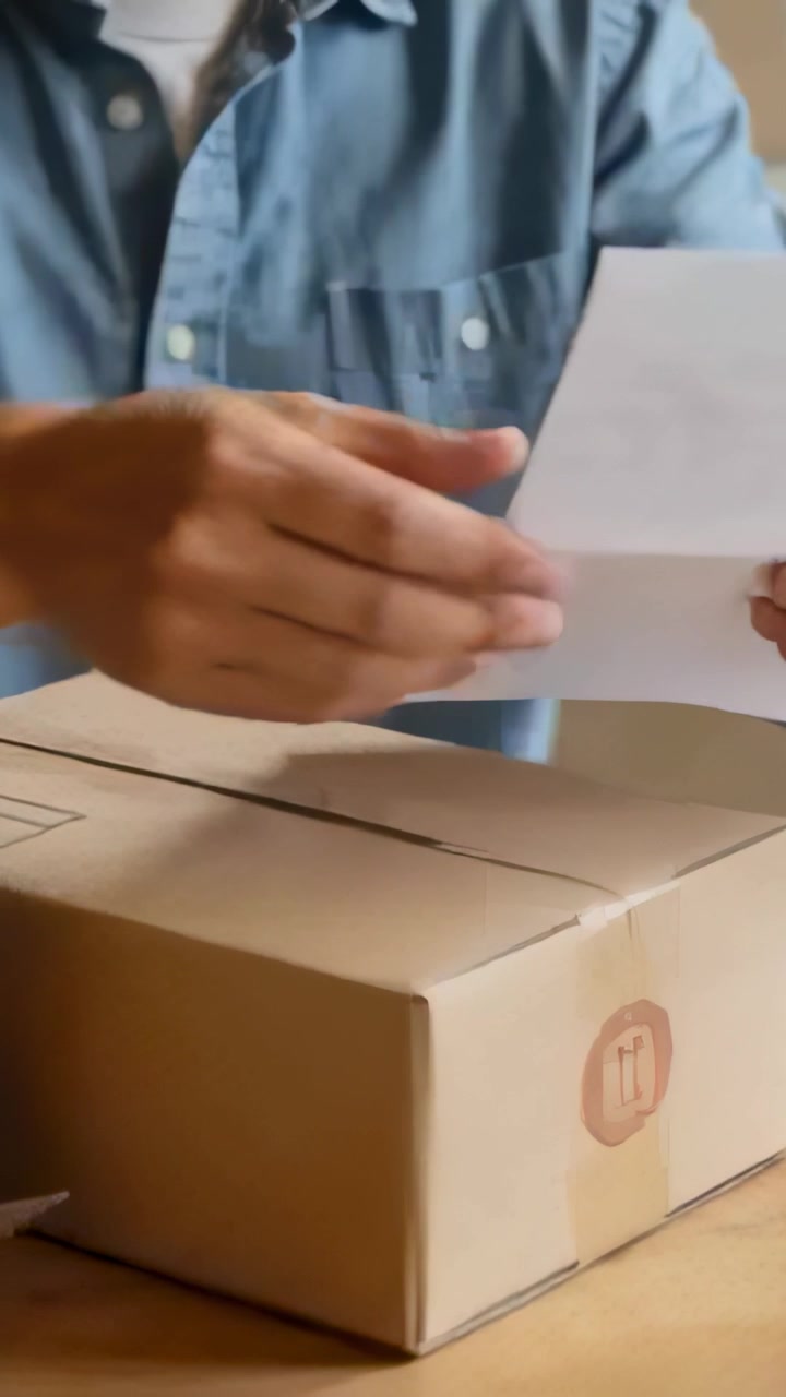 Video vertical: Hombre con camisa azul sellando la costura de una caja con una pistola de cinta después de empacar, leyendo la etiqueta.
