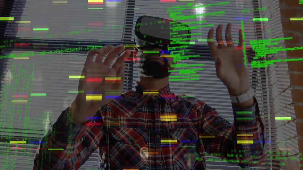 Man wearing virtual goggles and program codes