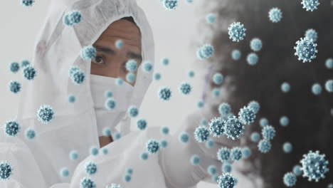 animación de células de coronavirus sobre médico biracial con máscara facial tomando la temperatura