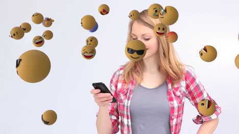 Emoji-Symbole-Mit-Einer-Frau,-Die-Im-Hintergrund-Ein-Smartphone-Benutzt