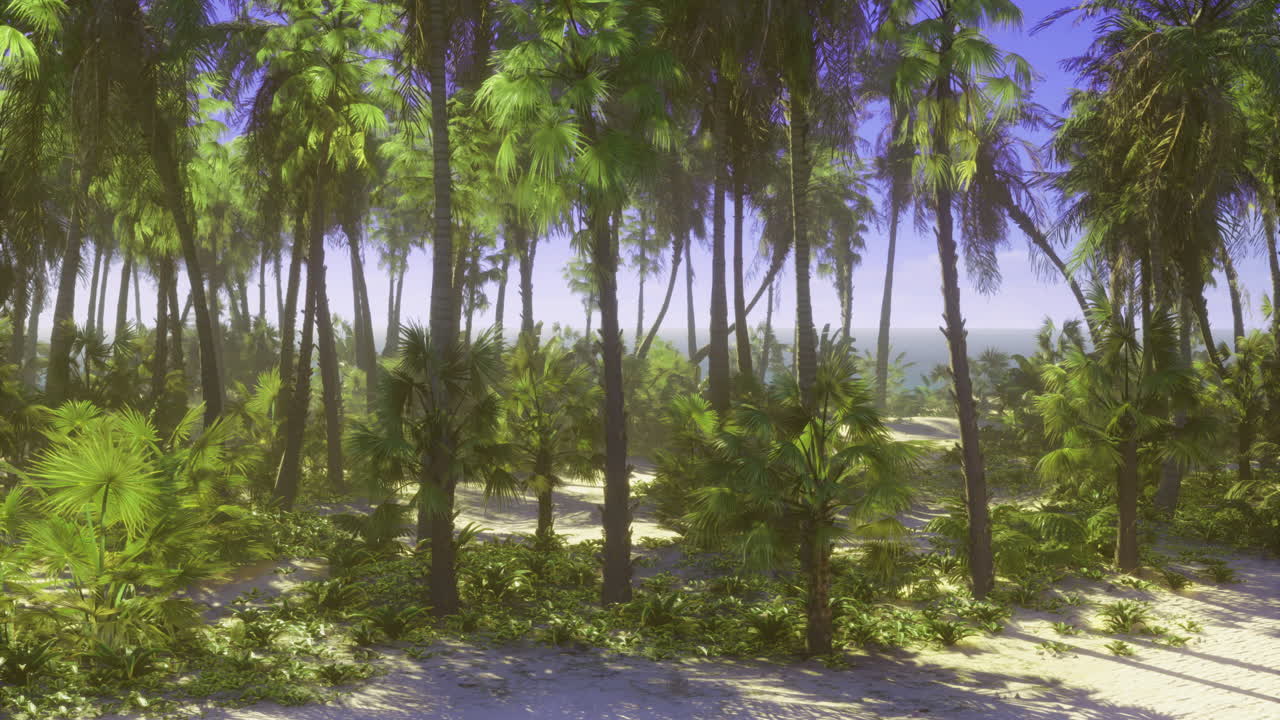 Lush tropical paradise filled with palm trees and vibrant greenery by the ocean