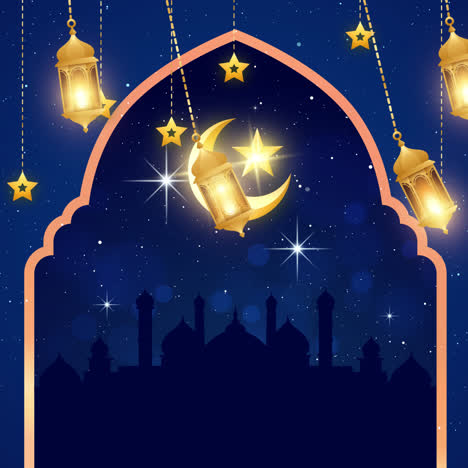 ramadan night scene with lanterns and mosques