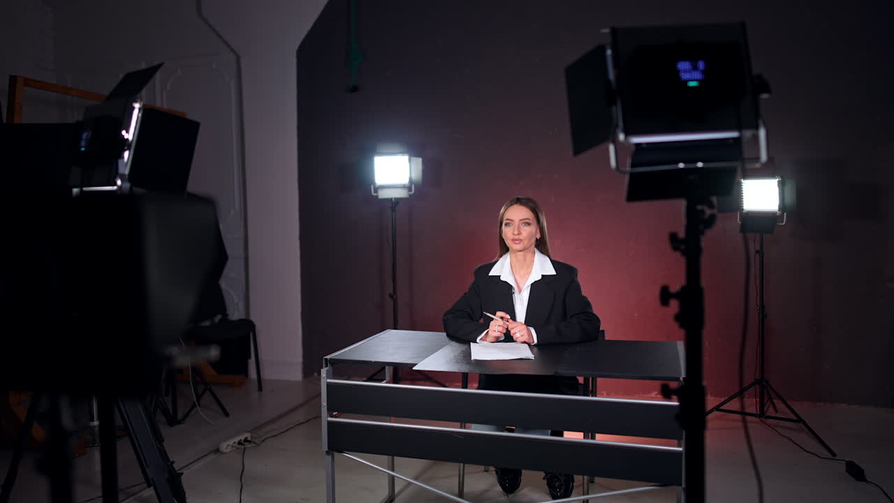 Beautiful brunette woman in black jacket sits at desk in the light of soffits. Reporter is getting ready for footage in studio.