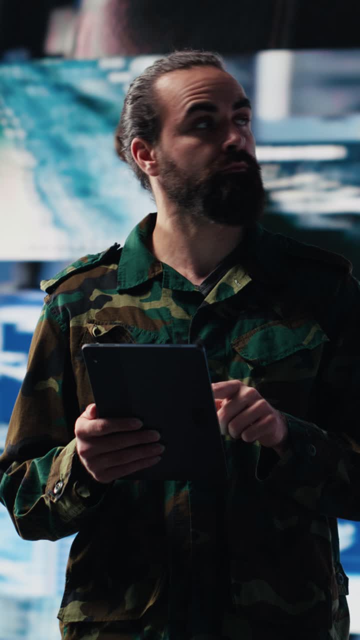 Vertical Video Army officer working in a virtual war zone with digital tech and satellite data