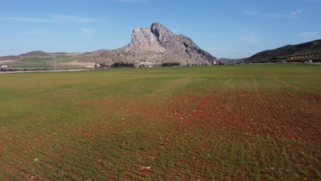 spectacular aerial flight over the enclave of peña de los enamorados, a rock formation in the shape of a human face in the municipality of antequera in andalusia, spain