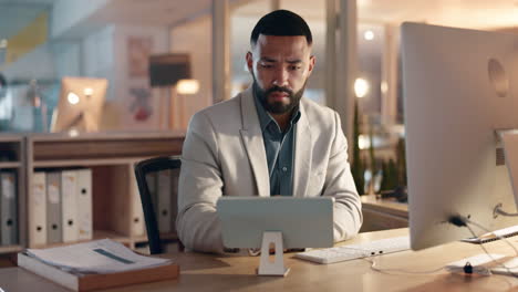 business man, tablet and office for stock market