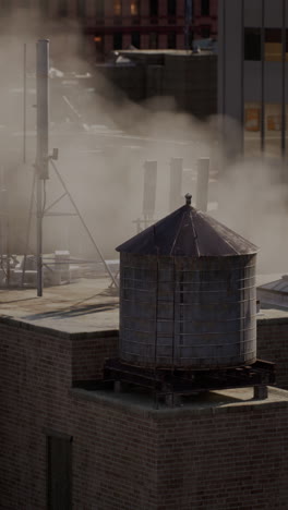 old water tower on a rooftop in a smoky city