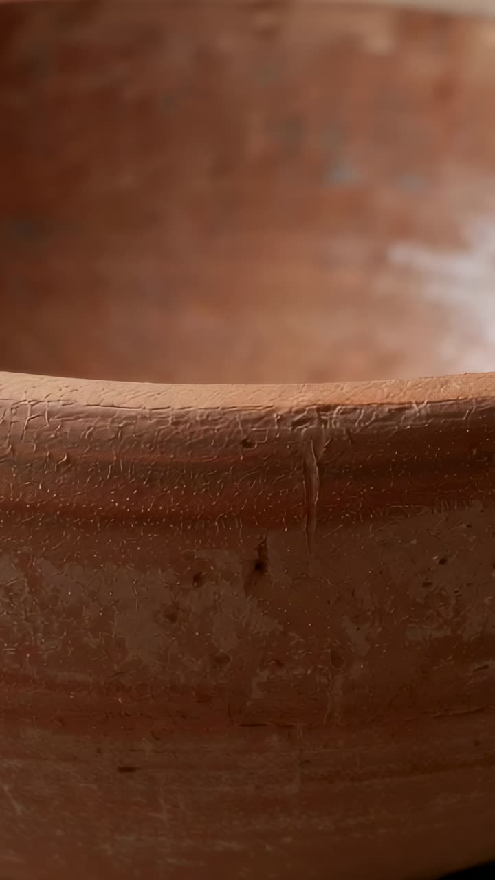 Video verticale: la camera inizia a riprendere il bordo di un vaso di terracotta e la parete interna su uno scaffale, rivelando una texture raffinata