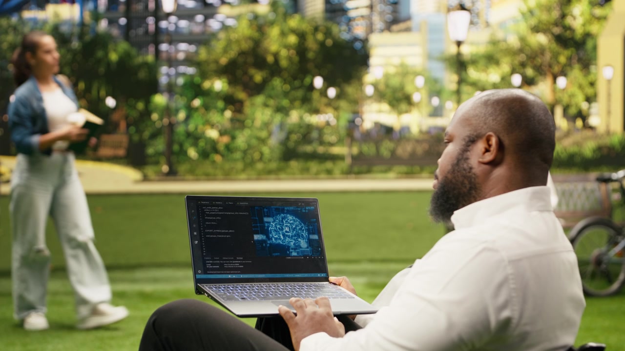 Man working with source code and digital AI software for deep learning