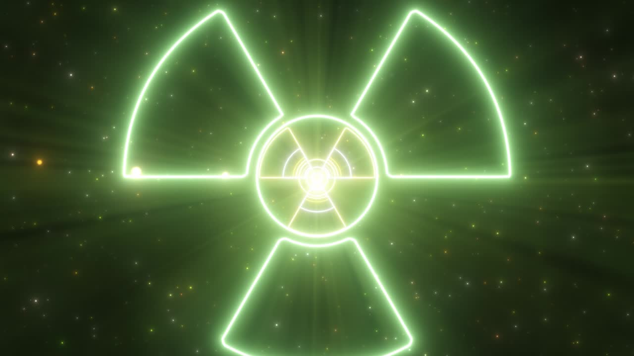 방사능 기호 방사선 경고 표지판 반이는 네온 불빛 터널 - 4k 원활한 vj 루프 모션 배경 애니메이션