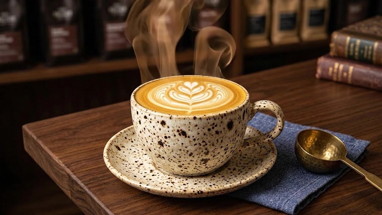 Coppa di latte al vapore con arte del latte su tavolo di legno