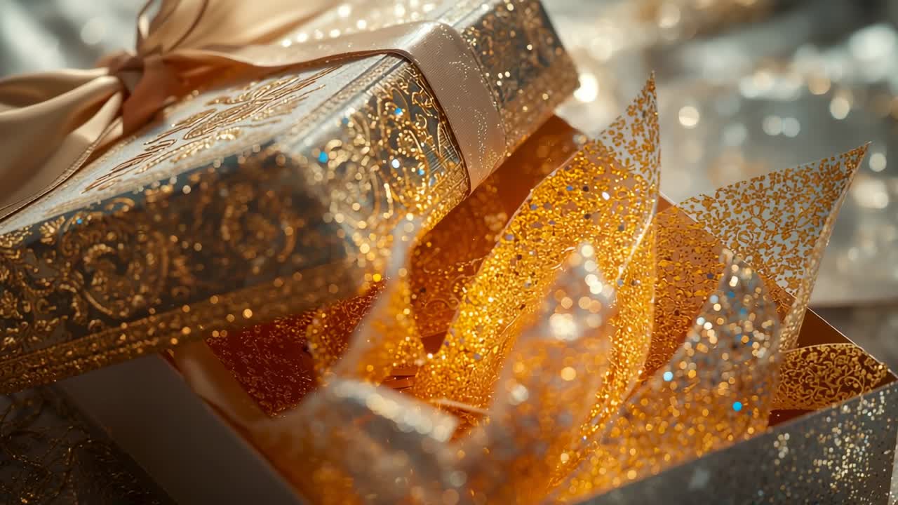 Starting camera capturing gold box on table, zooming in to reveal glitter tissue as lights shift