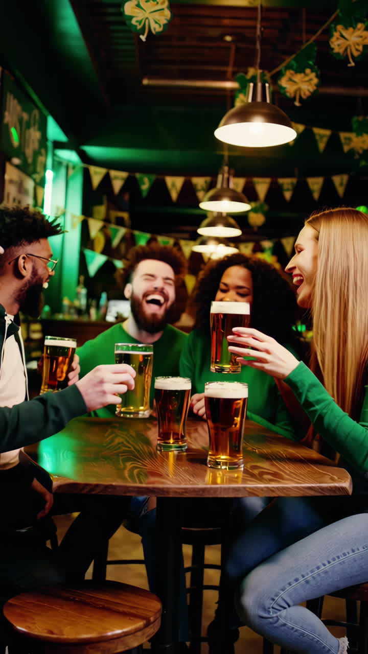 Friends celebrating St. Patrick's Day with beer at a bar