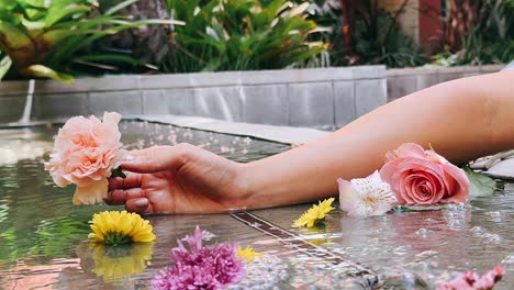 woman's hand with floating flowers in water