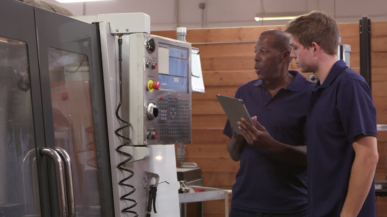 ingeniero entrena a un aprendiz masculino en una máquina cnc filmada en r3d