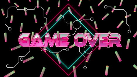 animation of game over over squares and colorful rollers on black background