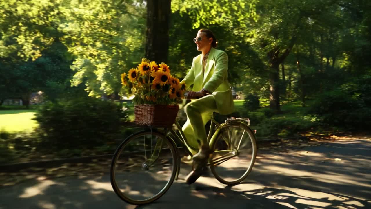 A joyful cyclist in a vibrant green suit pedals through a sunlit park, showcasing a bicycle adorned with a stunning bouquet of sunflowers, radiating positivity and energy in this picturesque outdoor setting