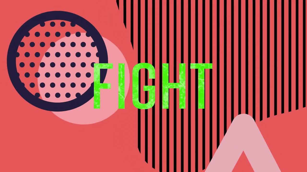 Animazione digitale di un banner con il testo "fight" verde su forme astratte su sfondo rosso.