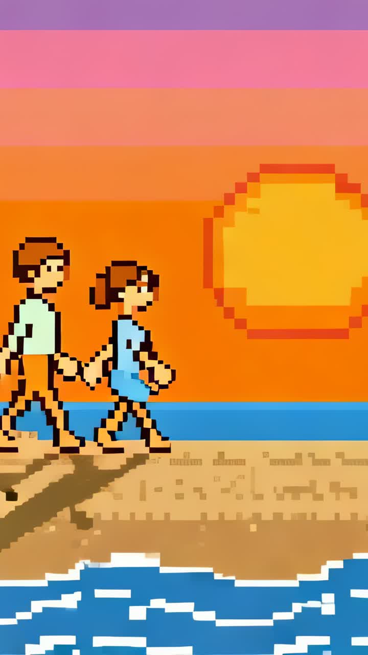 Video verticale: coppia di pixel che cammina, lei con top verde e vestito blu, lungo la costa mentre il sole si avvicina, spazio per inserire testo