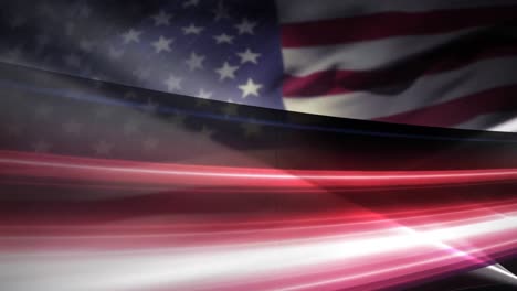 animation of red light trails over flag of united states of america