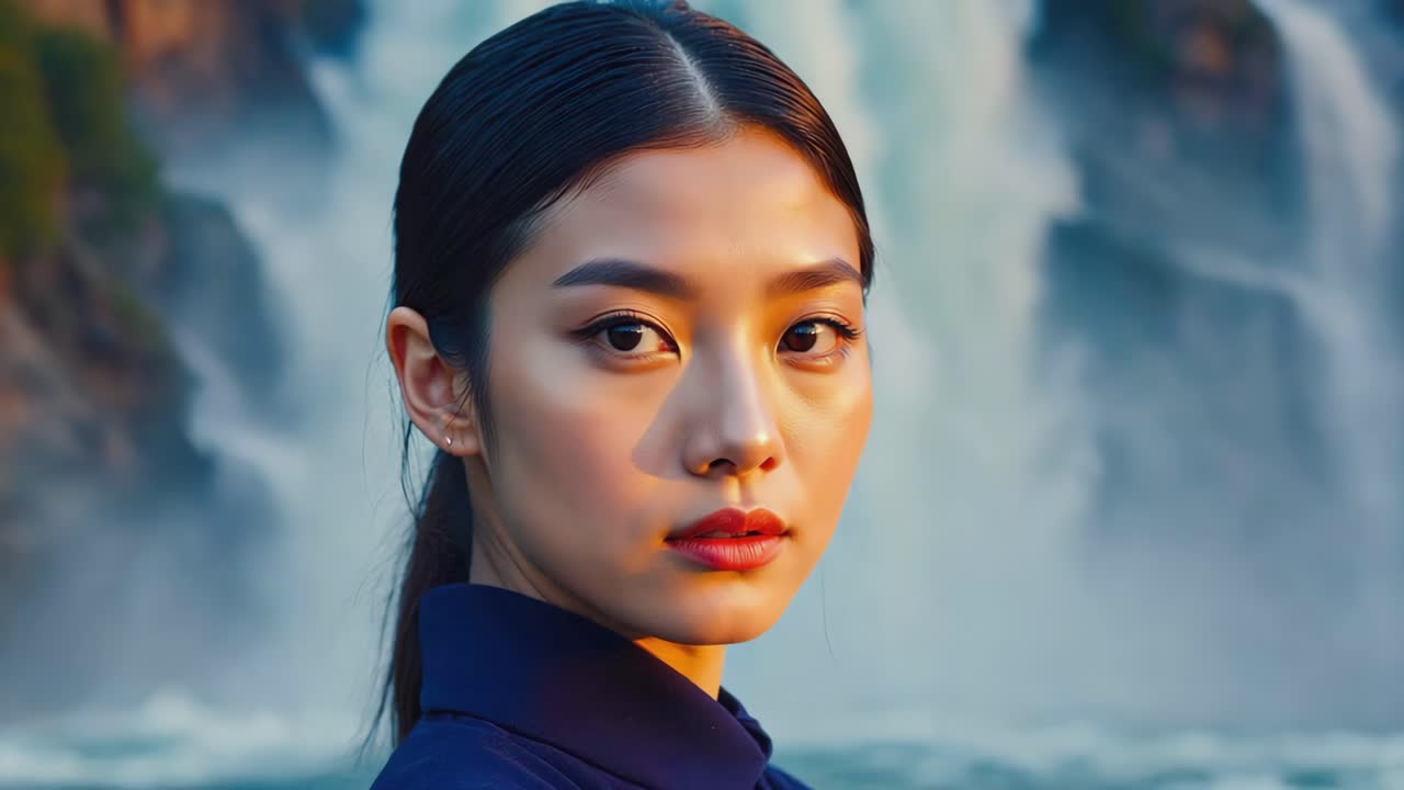 Portrait of an Asian woman by a waterfall