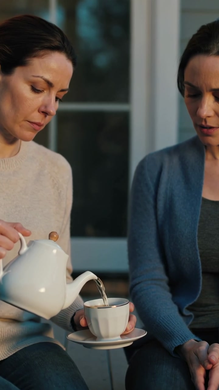 Vertical video: Tilting woman pouring white teapot into cup on porch bench, sharing tea in knits