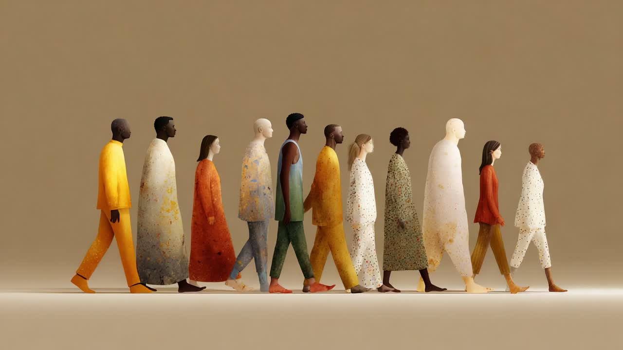 A Harmonious Journey: A Diverse Group of Artistic Figures in Unique Attire Moving Together, Symbolizing Unity and Progress Across a Soft, Neutral Background
