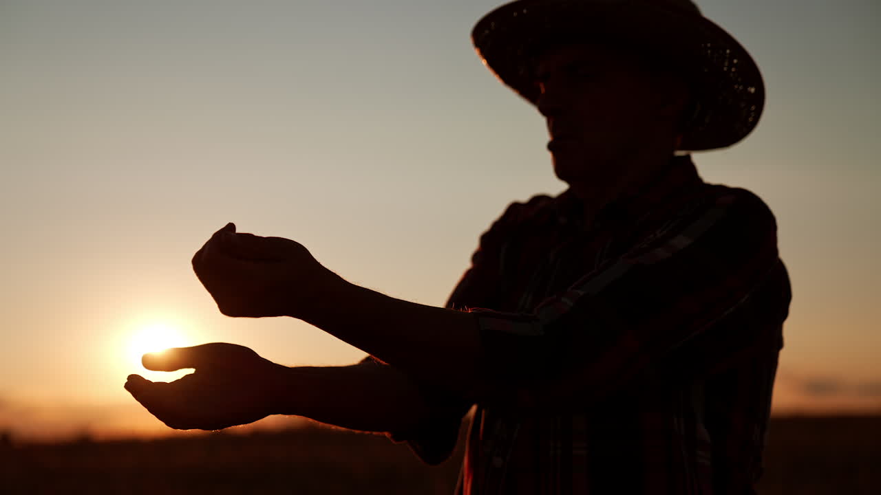 Silhouette of a man in hat standing in the field at sunset. Farmer pours the grain in hands. Low angle view.