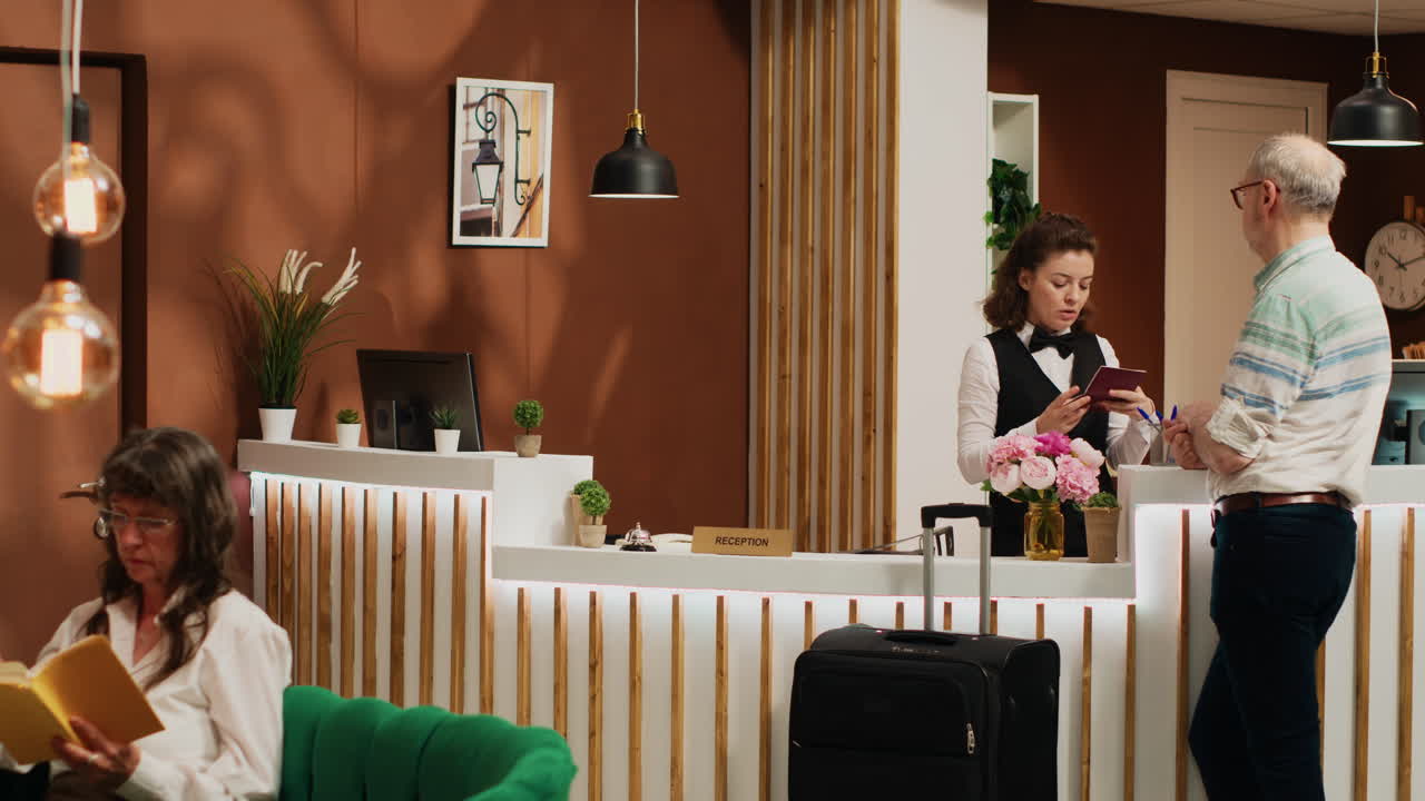 консьерж отеля смотрит на паспорт.