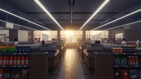 modern supermarket interior at sunrise or sunset